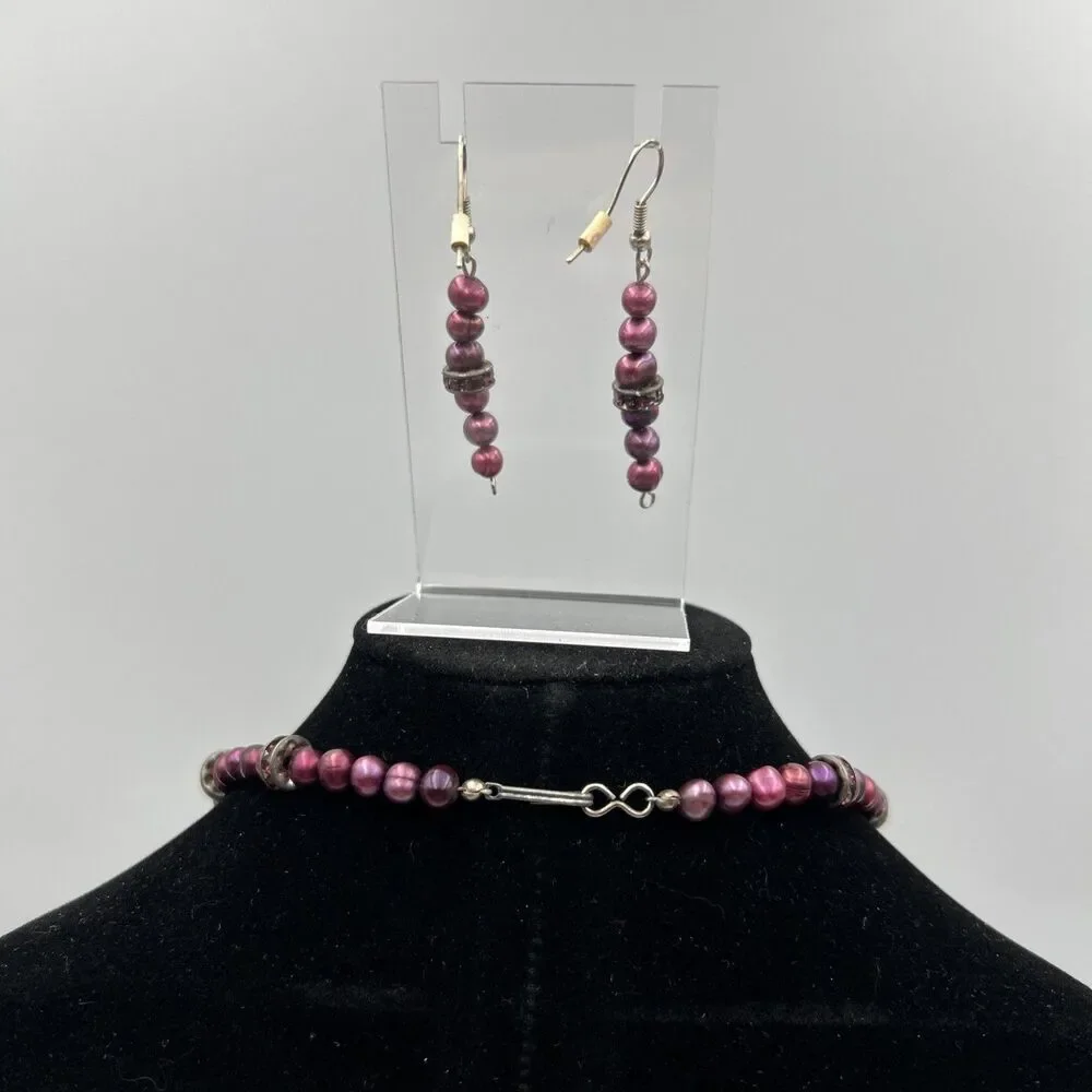 Vintage Handmade Purple Beaded Necklace and Earring Set